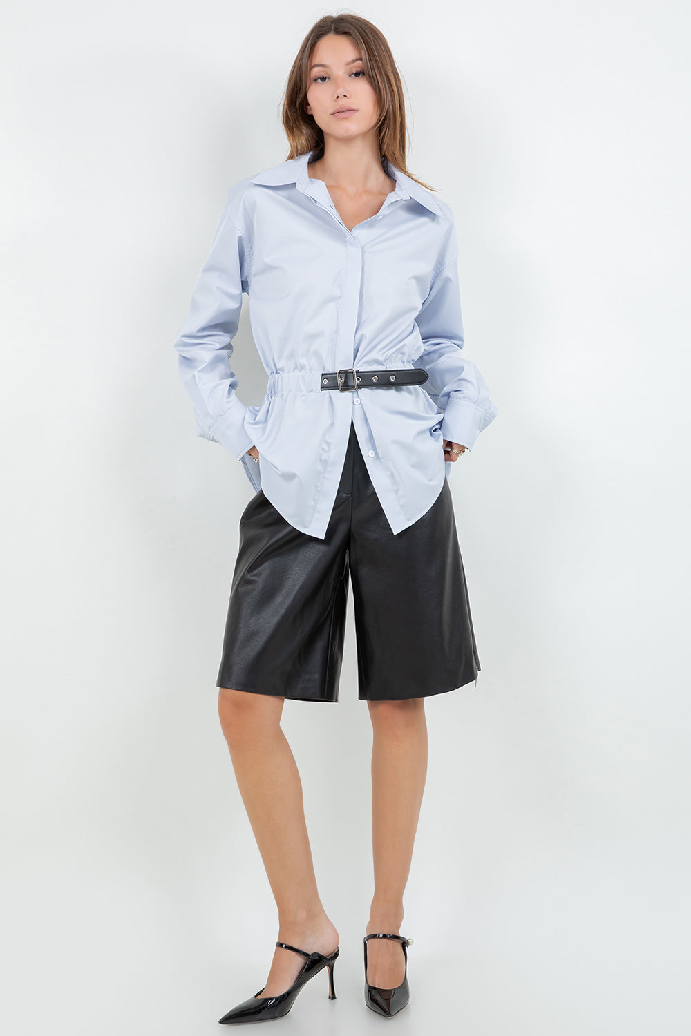 POPLIN BUTTON DOWN SHIRT WITH PU WAIST BELT - CHAMBRAY