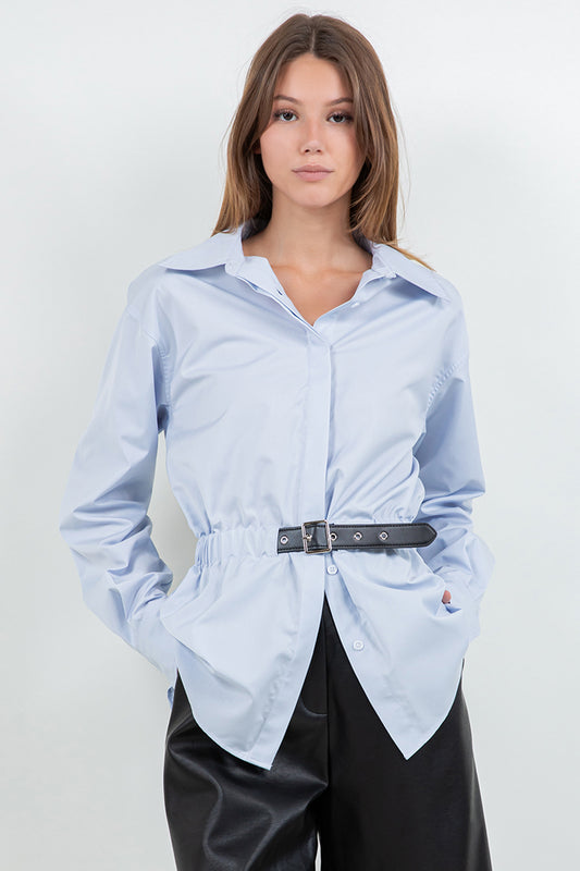 POPLIN BUTTON DOWN SHIRT WITH PU WAIST BELT - CHAMBRAY