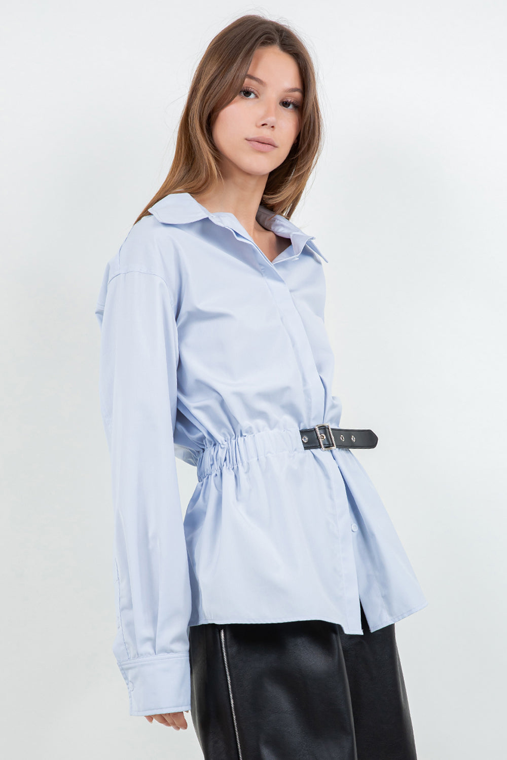 POPLIN BUTTON DOWN SHIRT WITH PU WAIST BELT - CHAMBRAY