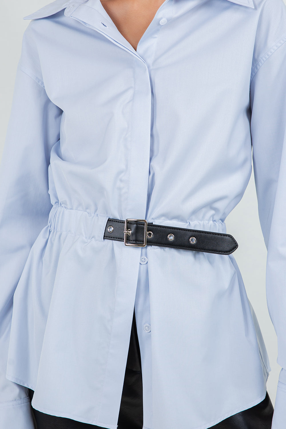 POPLIN BUTTON DOWN SHIRT WITH PU WAIST BELT - CHAMBRAY
