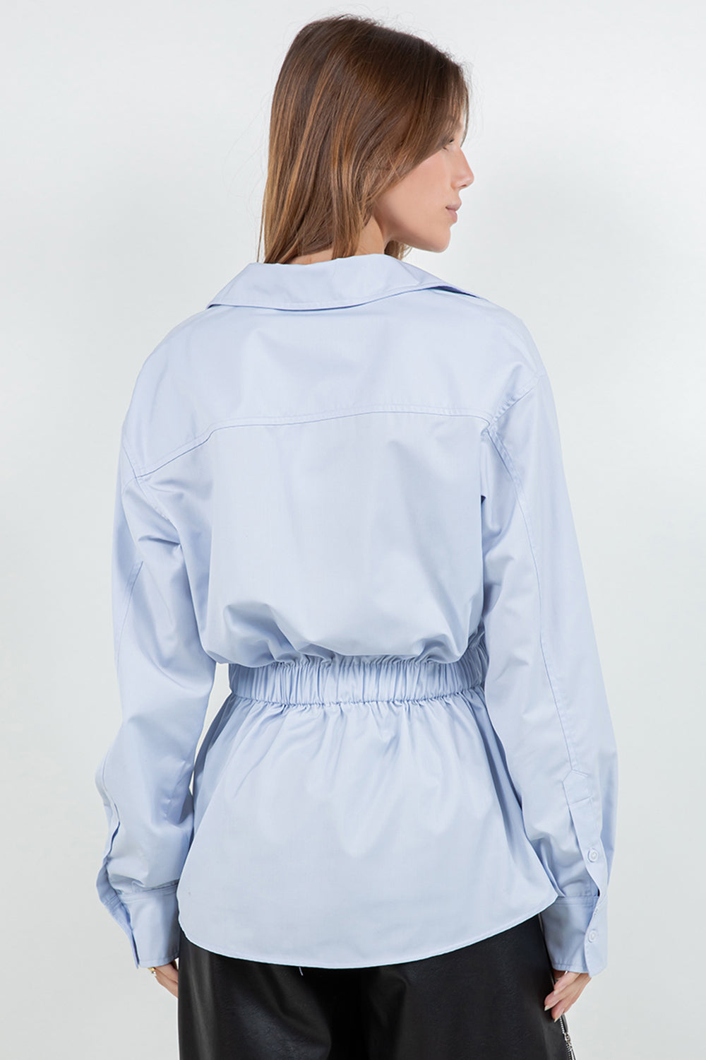 POPLIN BUTTON DOWN SHIRT WITH PU WAIST BELT - CHAMBRAY