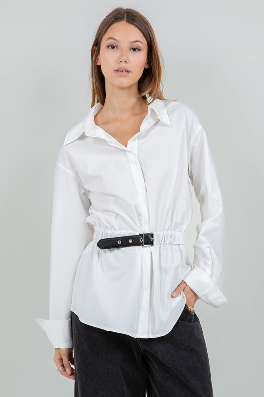 POPLIN BUTTON DOWN SHIRT WITH PU WAIST BELT - WHITE