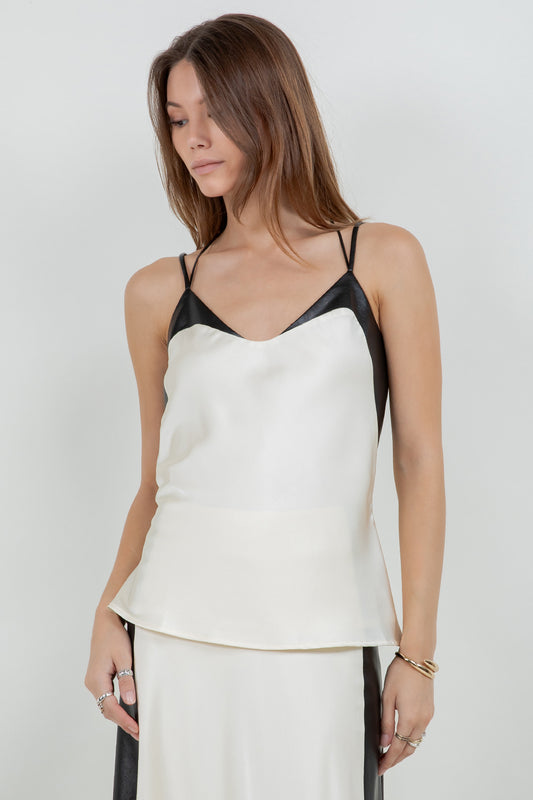 CONTRAST PU LEATHER DETAILED SATIN TANK TOP - IVORY - Whiteroom+Cactus