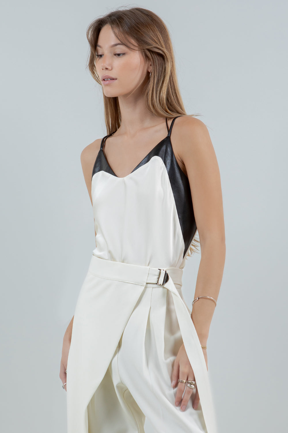 CONTRAST PU LEATHER DETAILED SATIN TANK TOP - IVORY