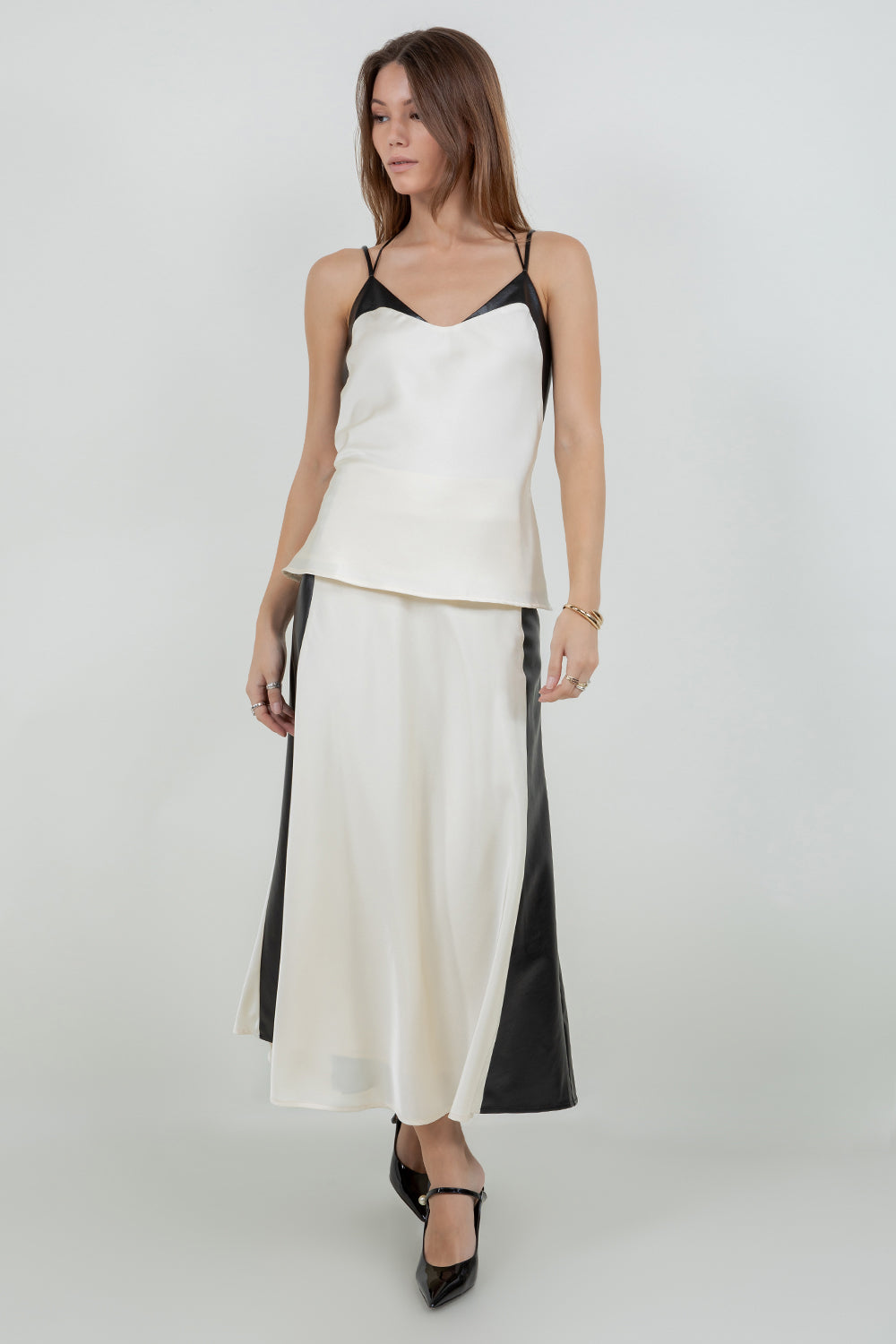 SATIN MIDI SKIRT WITH CONTRAST PU LEATHER PANELS - Whiteroom+Cactus