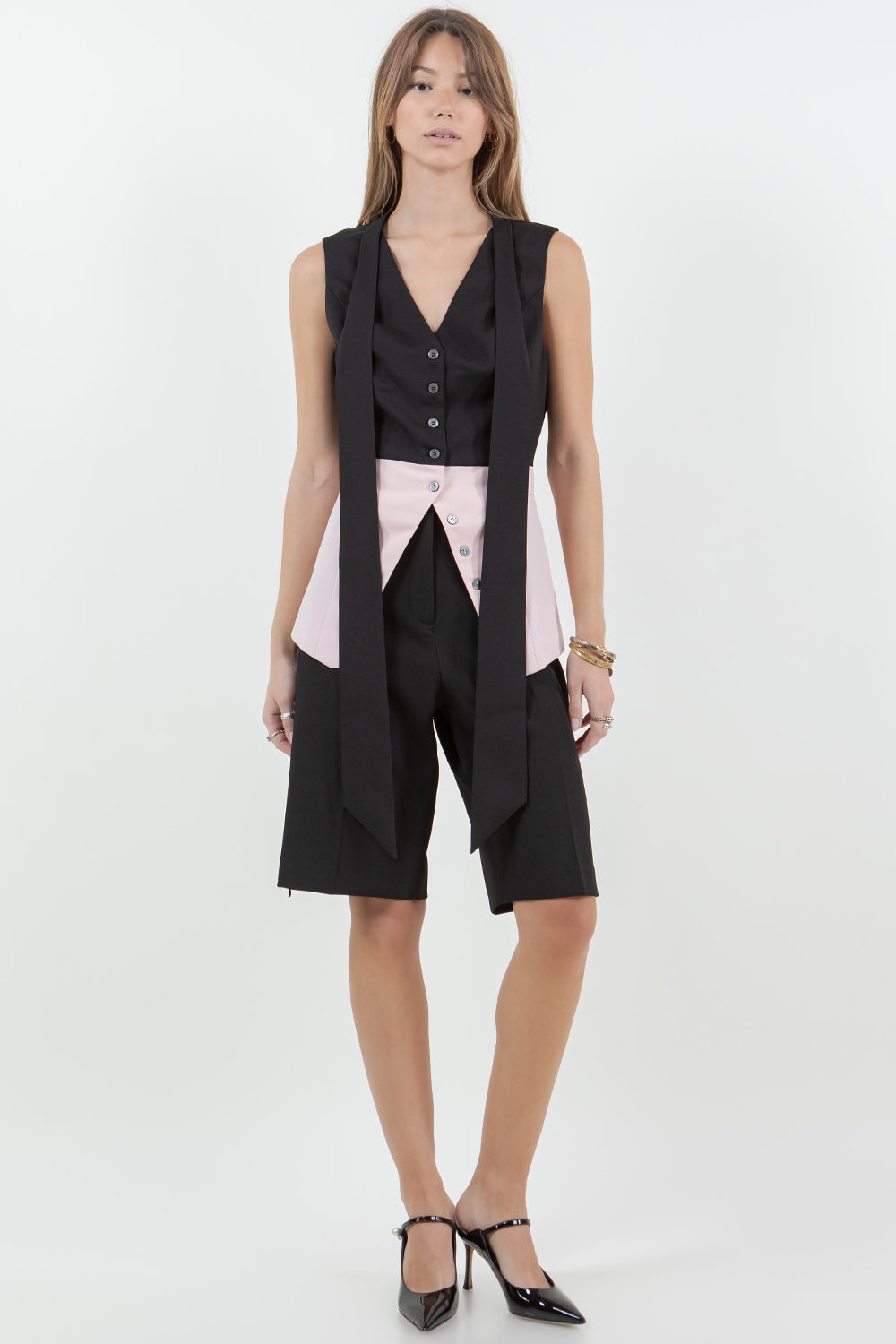 CONTRASTED SLEEVELESS BUTTON DOWN TOP W REMOVEABLE TIE - BLACK/PINK