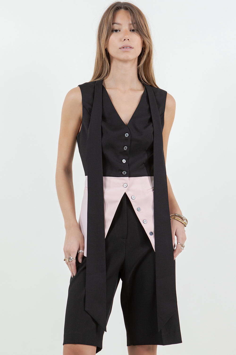 CONTRASTED SLEEVELESS BUTTON DOWN TOP W REMOVEABLE TIE - BLACK/PINK