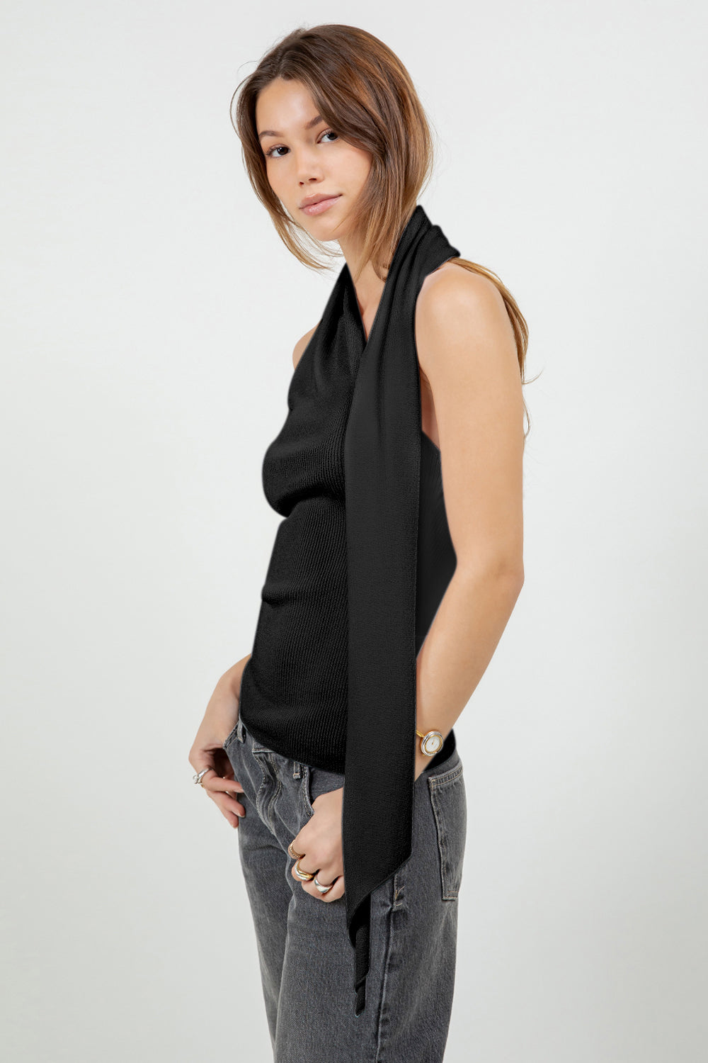 ATTACHED WRAP SCARF STYLE KNITTED TOP - BLACK