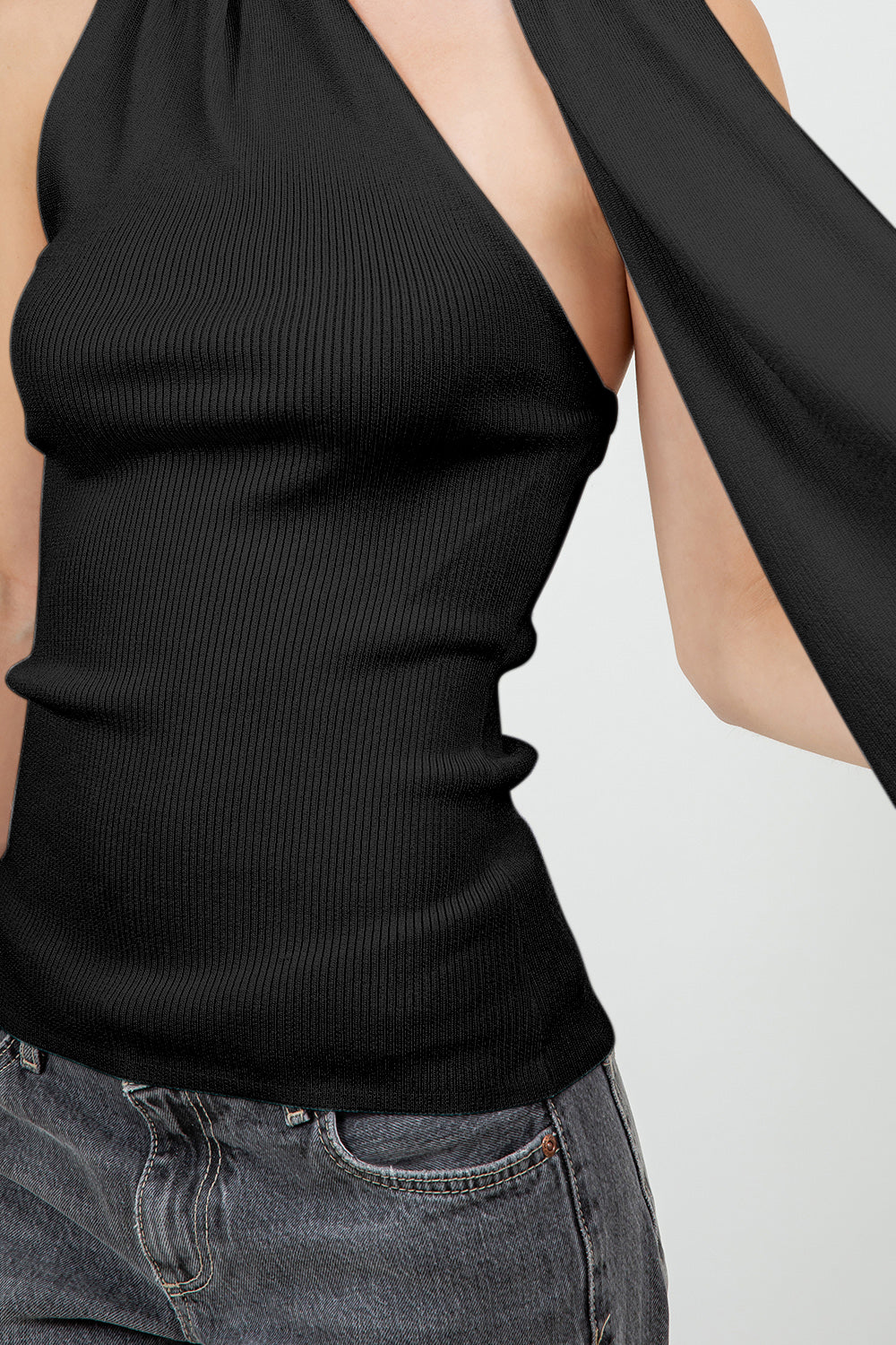 ATTACHED WRAP SCARF STYLE KNITTED TOP - BLACK