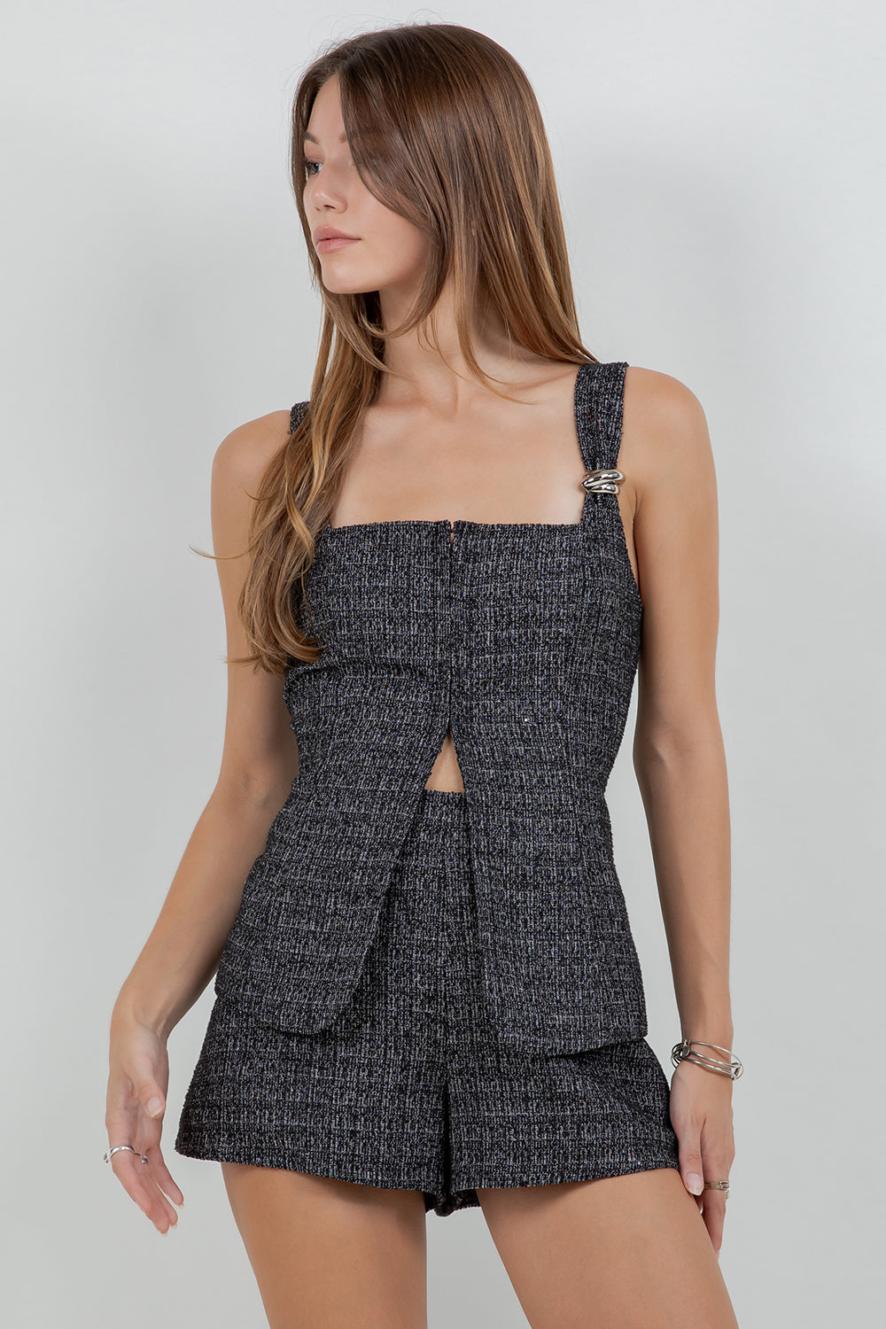 METAL TRIM ACCENT CORSET TWEED TOP - BLACK/WHITE - Whiteroom+Cactus