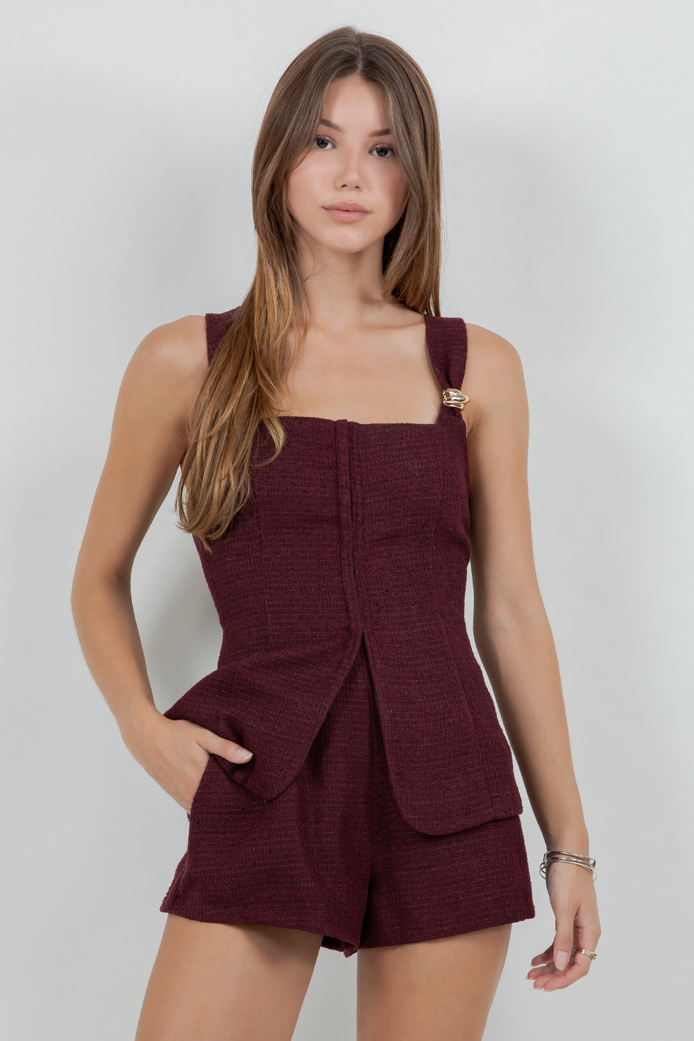 METAL TRIM ACCENT CORSET TWEED TOP - PLUM - Whiteroom+Cactus