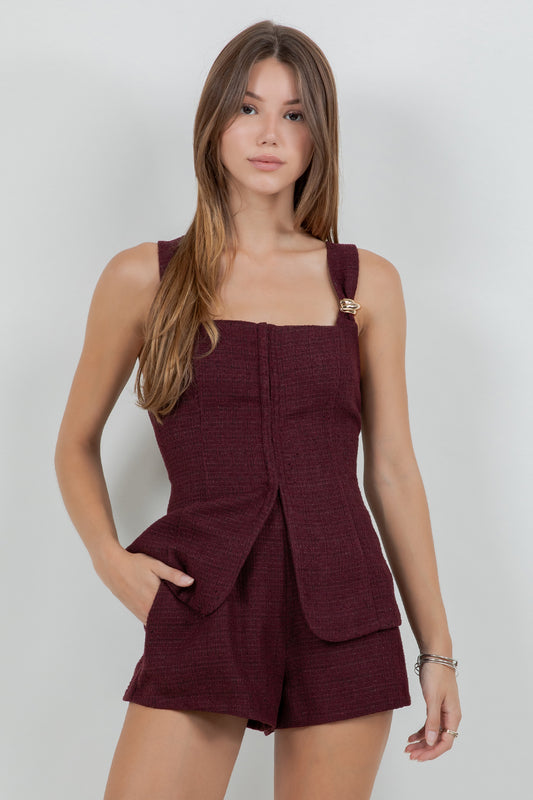 METAL TRIM ACCENT CORSET TWEED TOP - PLUM - Whiteroom+Cactus