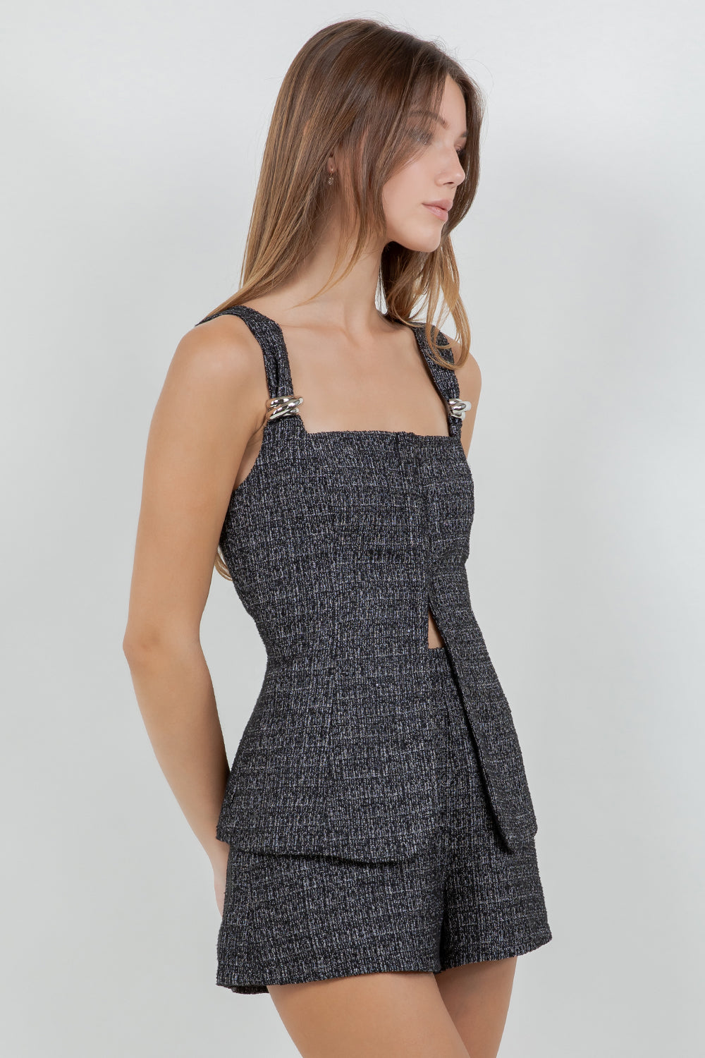 METAL TRIM ACCENT CORSET TWEED TOP - BLACK/WHITE - Whiteroom+Cactus