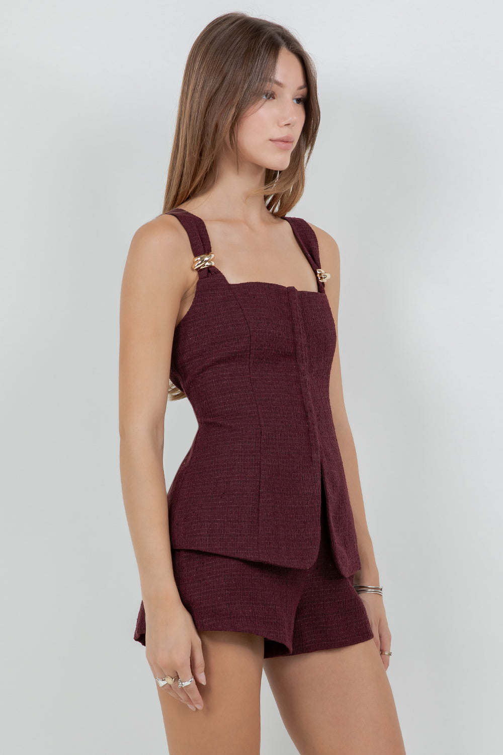 METAL TRIM ACCENT CORSET TWEED TOP - PLUM - Whiteroom+Cactus