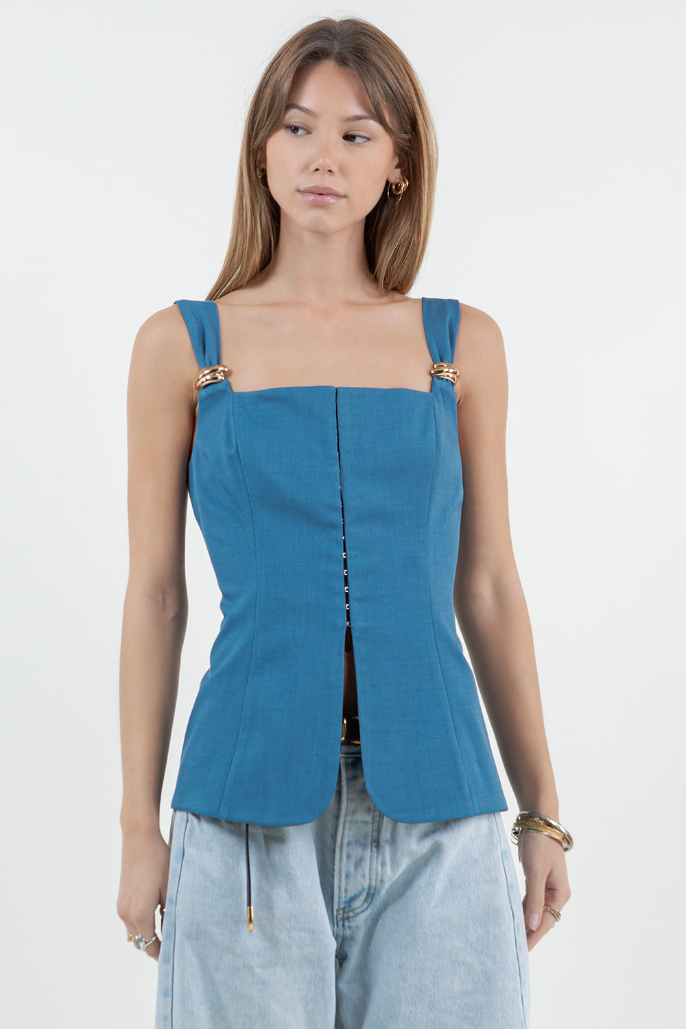 METAL TRIM DETAILED CORSET STRUCTURED TOP - DENIM BLUE