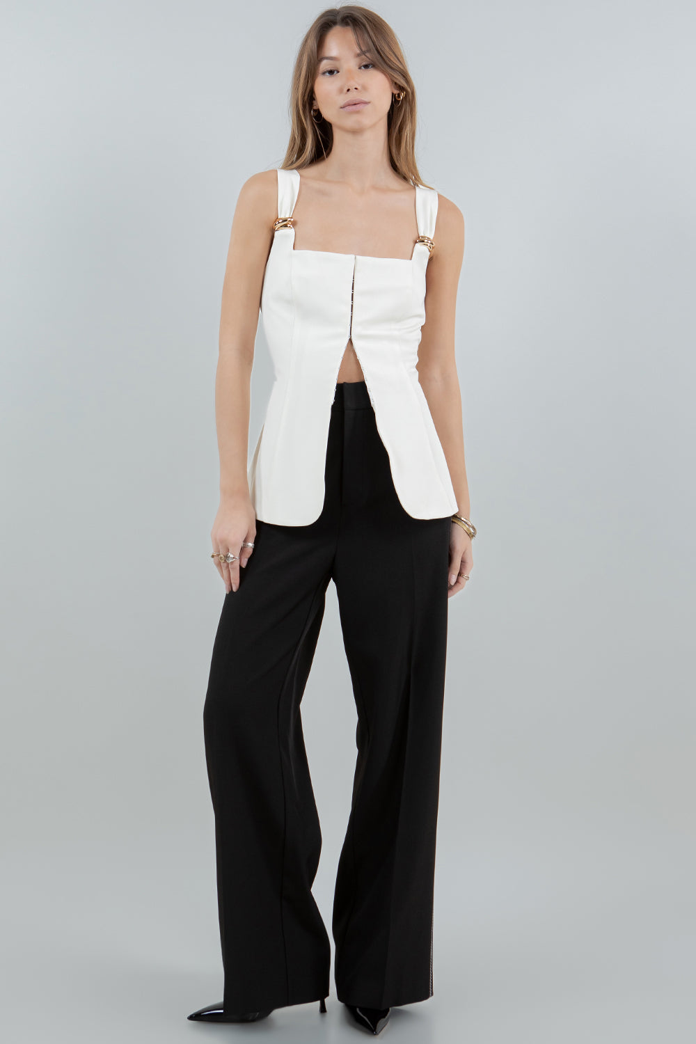 METAL TRIM DETAILED CORSET STRUCTURED TOP - IVORY