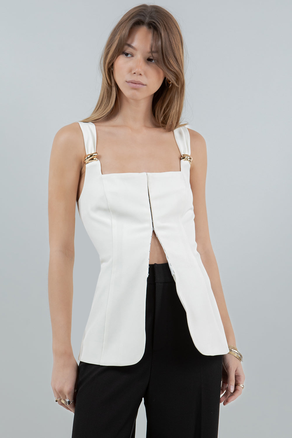 METAL TRIM DETAILED CORSET STRUCTURED TOP - IVORY