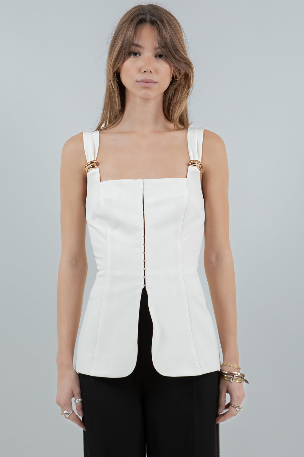 METAL TRIM DETAILED CORSET STRUCTURED TOP - IVORY