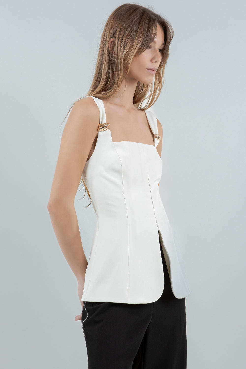 METAL TRIM DETAILED CORSET STRUCTURED TOP - IVORY