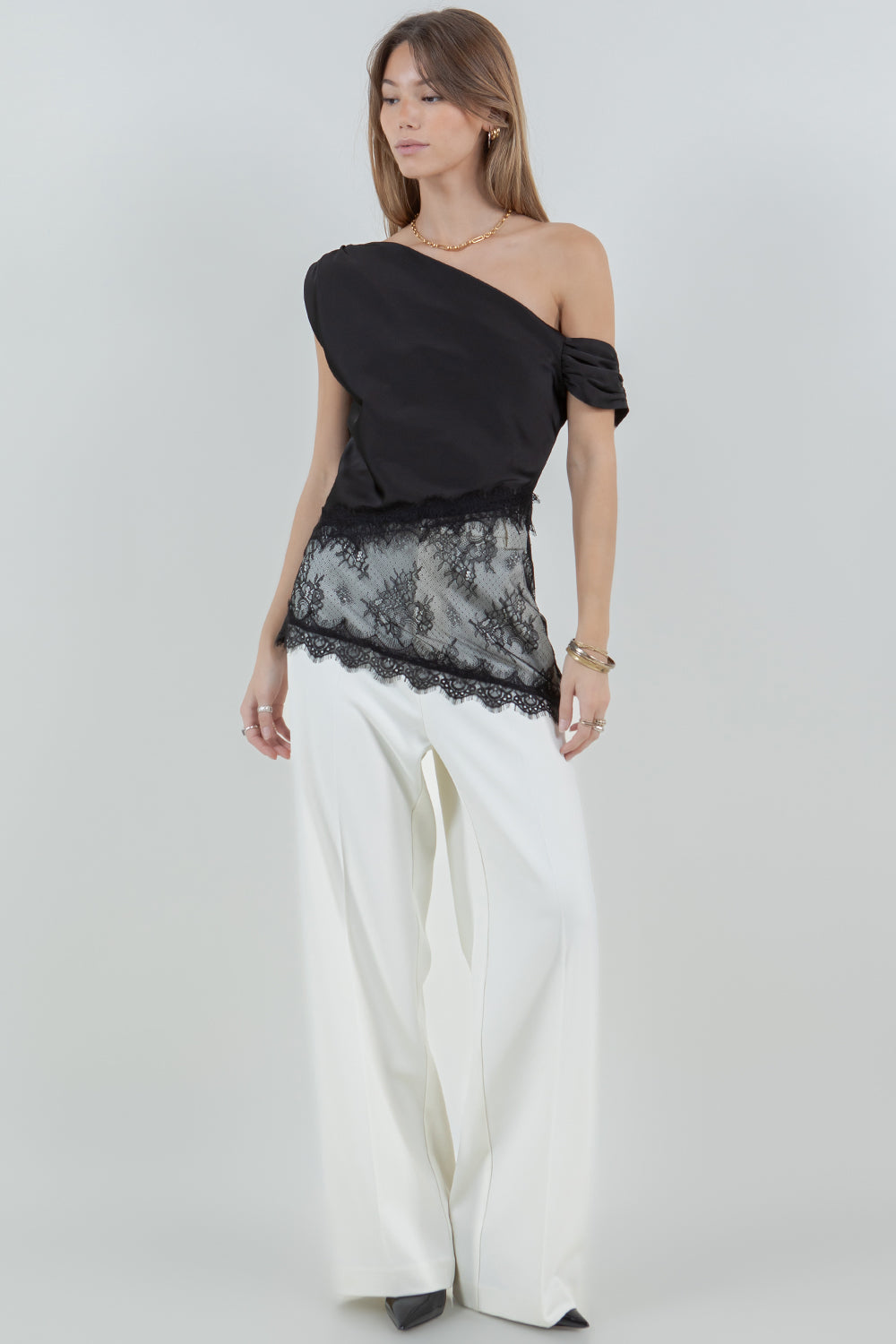 ASYMMETRICAL ONE SHOULDER SATIN LACE MIX TOP - BLACK