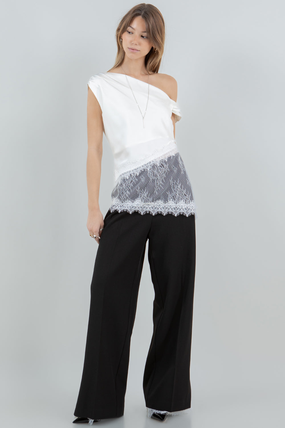 ASYMMETRICAL ONE SHOULDER SATIN LACE MIX TOP - IVORY