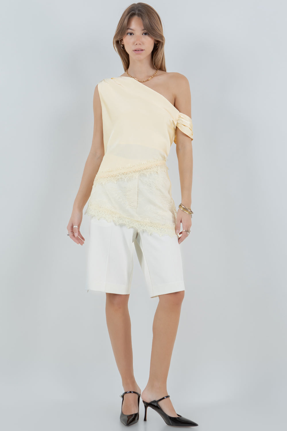 ASYMMETRICAL ONE SHOULDER SATIN LACE MIX TOP - LEMON