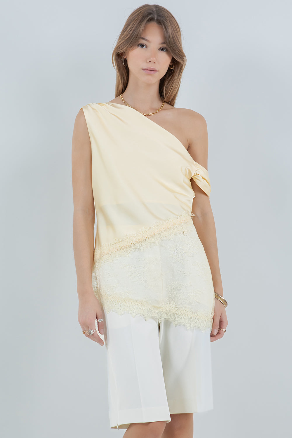 ASYMMETRICAL ONE SHOULDER SATIN LACE MIX TOP - LEMON