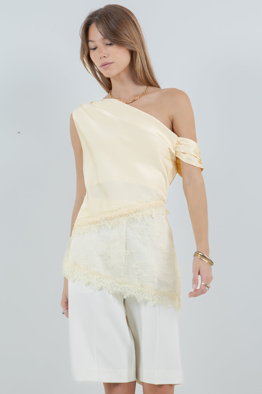 ASYMMETRICAL ONE SHOULDER SATIN LACE MIX TOP - LEMON