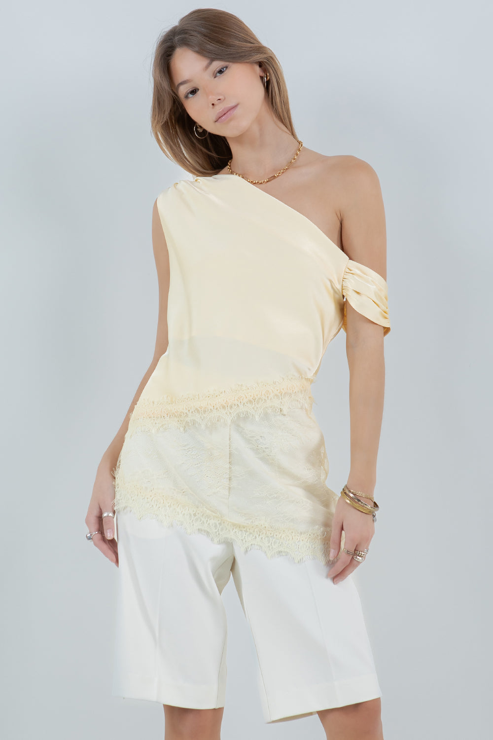 ASYMMETRICAL ONE SHOULDER SATIN LACE MIX TOP - LEMON