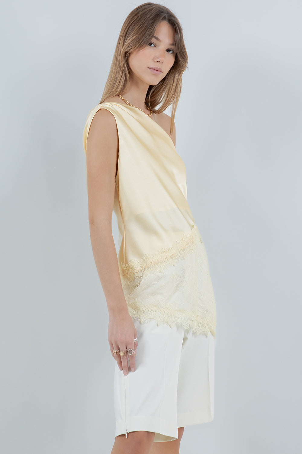 ASYMMETRICAL ONE SHOULDER SATIN LACE MIX TOP - LEMON