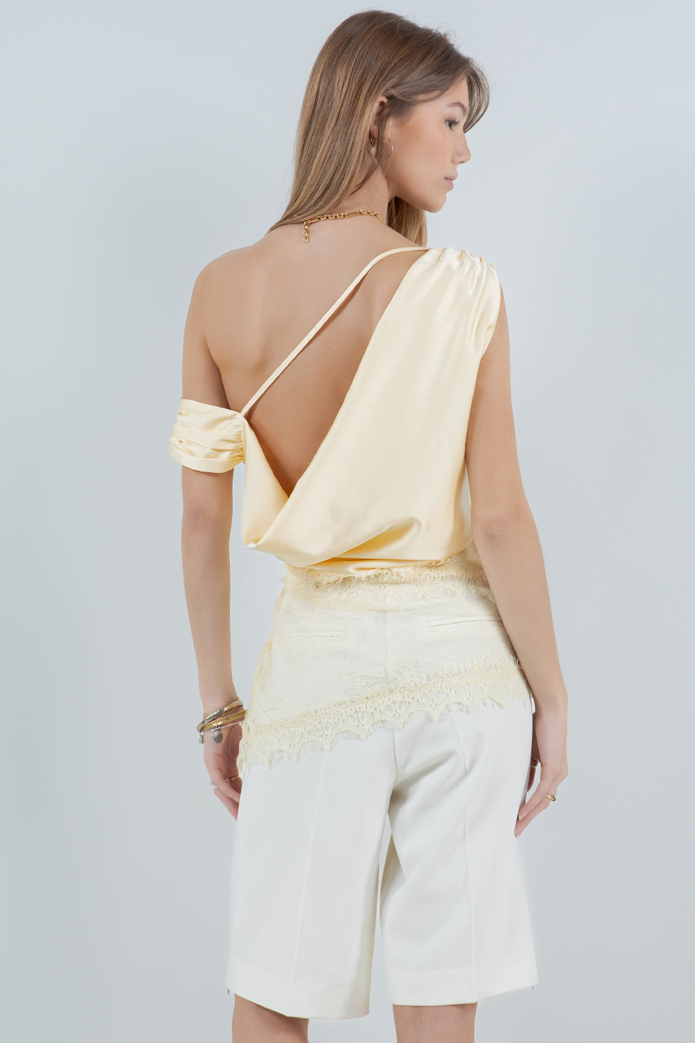 ASYMMETRICAL ONE SHOULDER SATIN LACE MIX TOP - LEMON