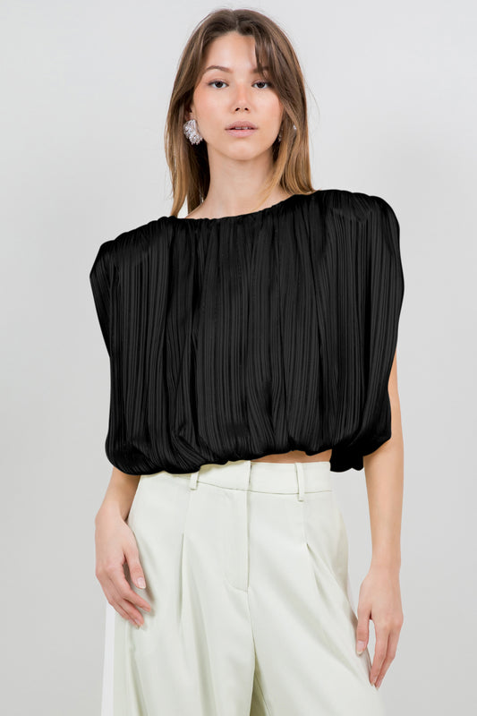 LUREX SATIN WOVEN BUBBLE TOP WITH SHOULDER PADDING - BLACK