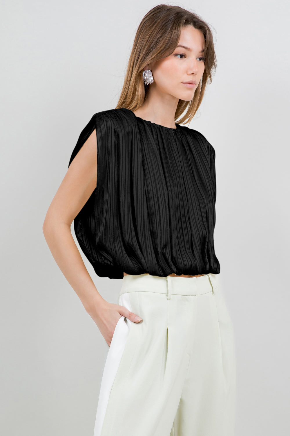 LUREX SATIN WOVEN BUBBLE TOP WITH SHOULDER PADDING - BLACK