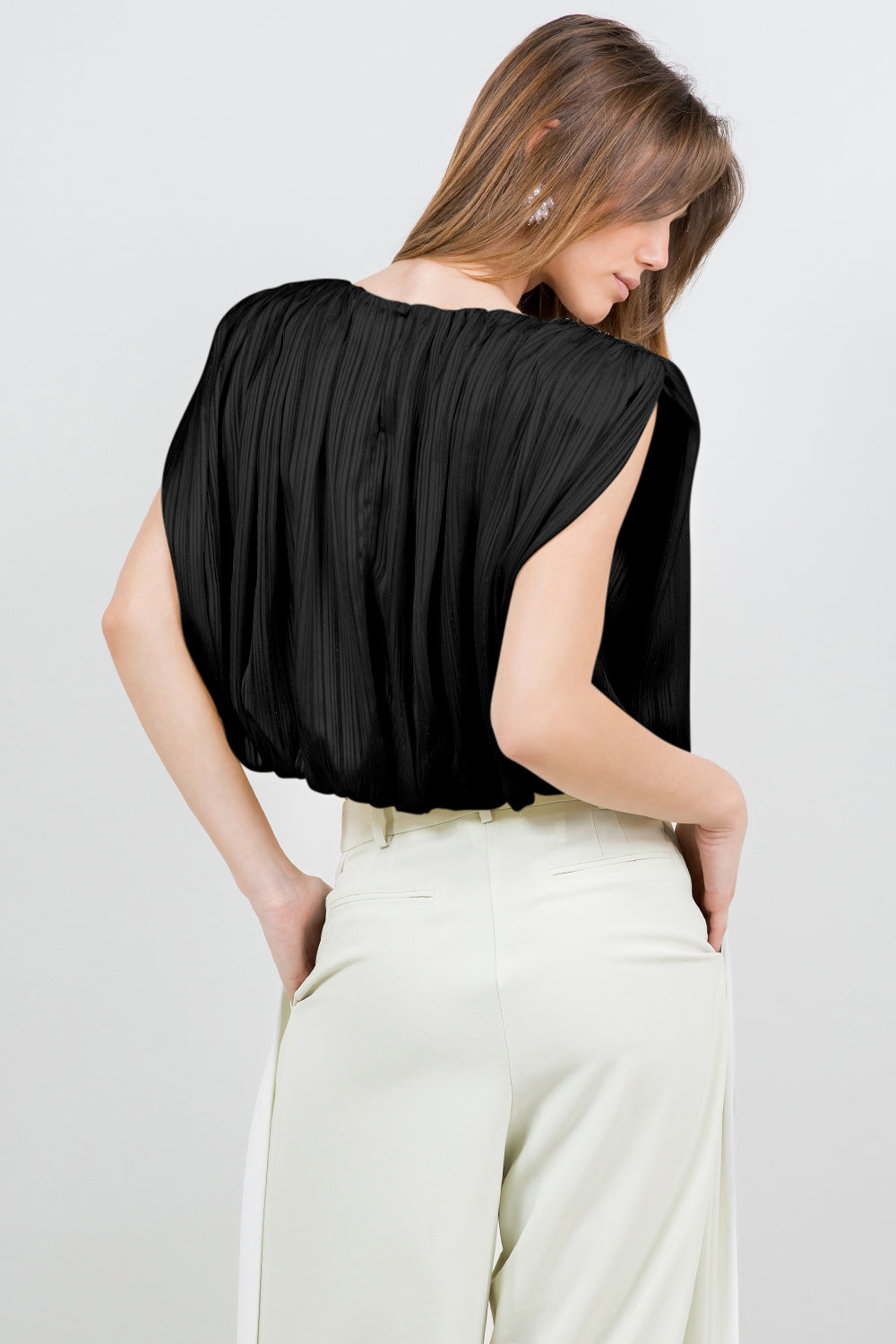 LUREX SATIN WOVEN BUBBLE TOP WITH SHOULDER PADDING - BLACK