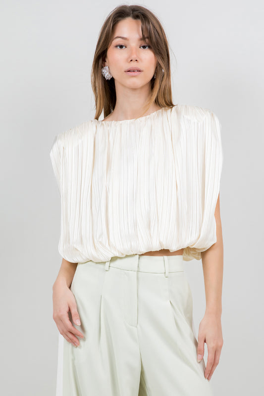LUREX SATIN WOVEN BUBBLE TOP WITH SHOULDER PADDING - CREAM