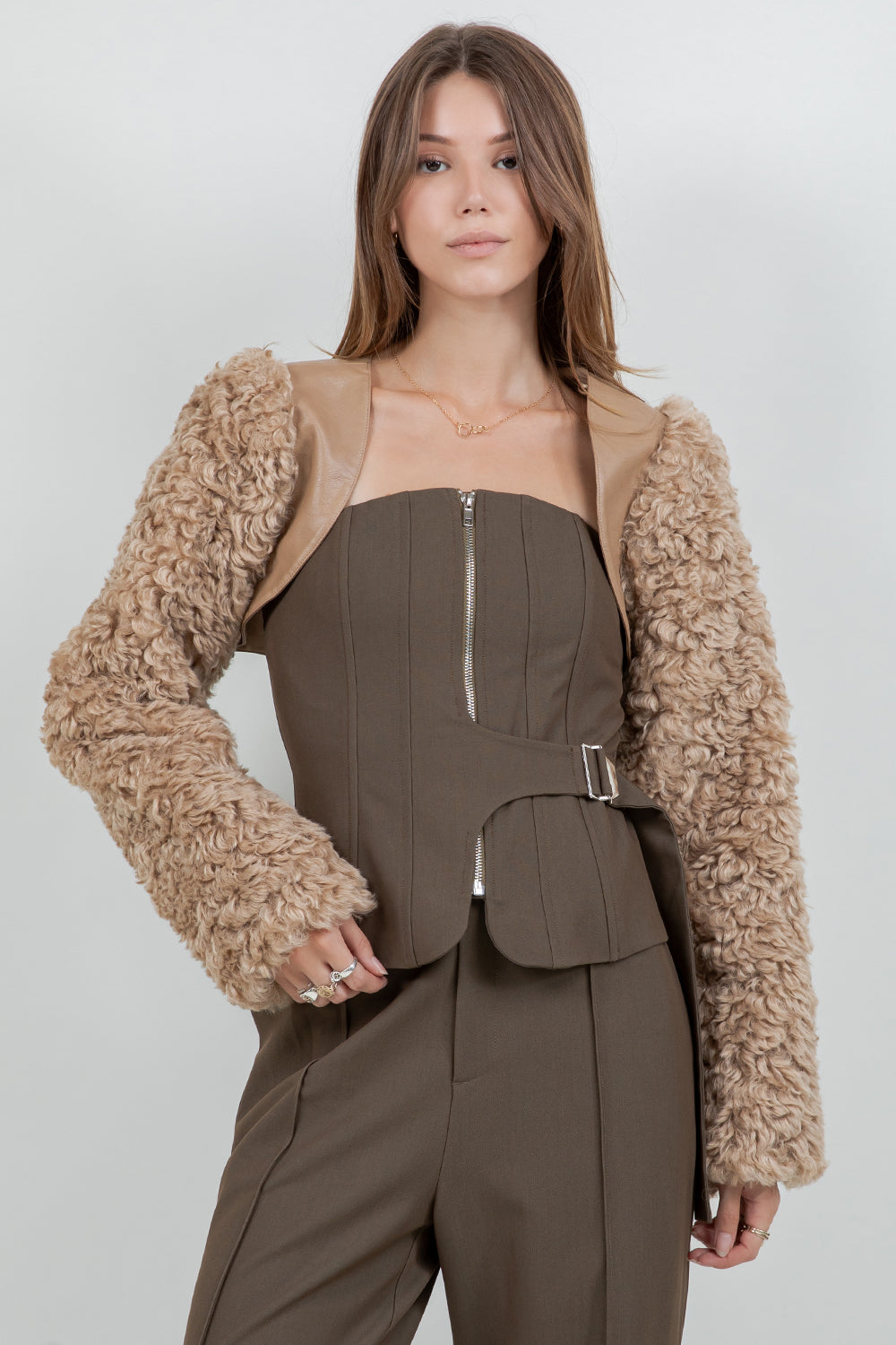 PU + SHERPA COMBO ULTRA CROPPED BOLERO MOTO JACKET - MOCHA - Whiteroom+Cactus