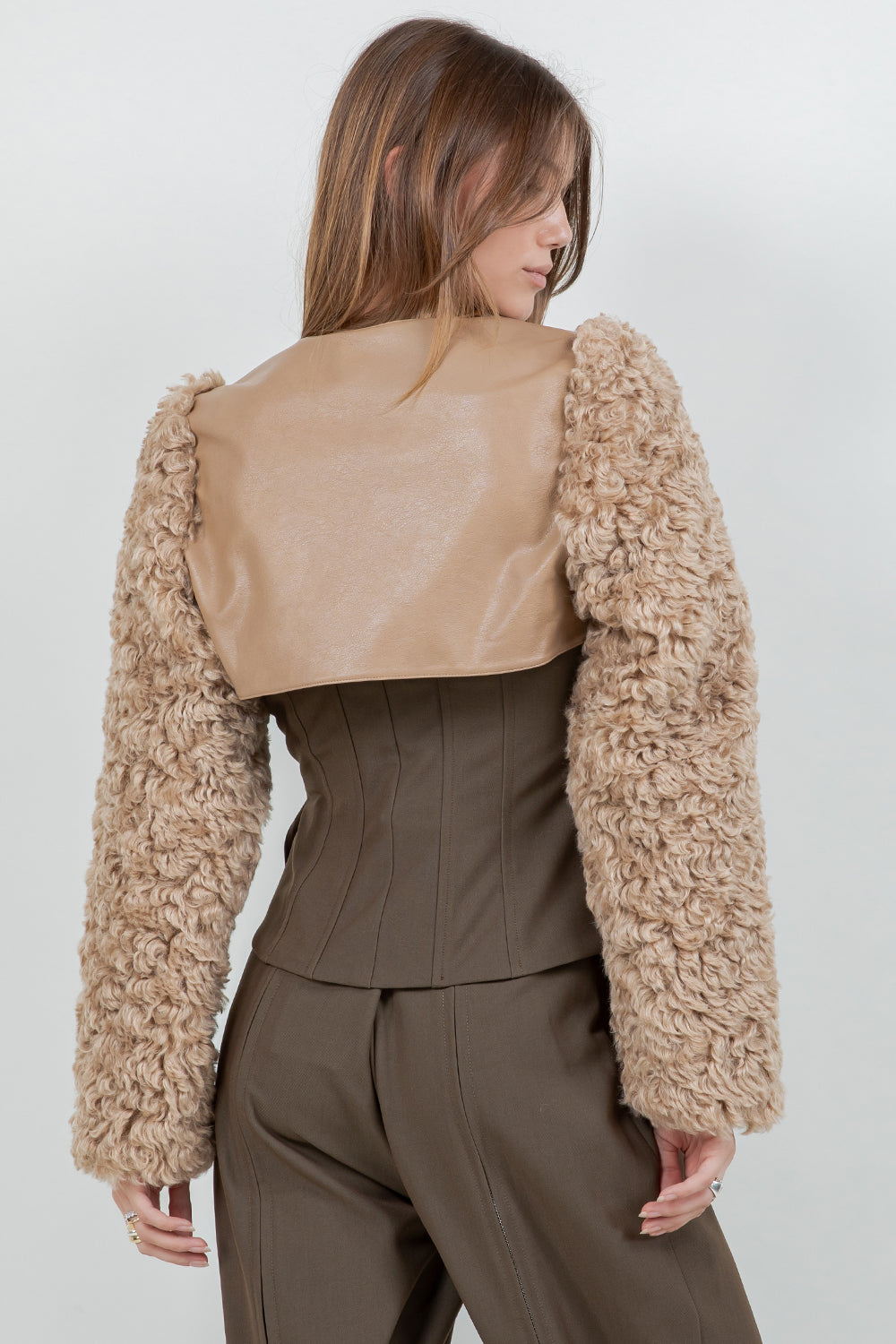 PU + SHERPA COMBO ULTRA CROPPED BOLERO MOTO JACKET - MOCHA - Whiteroom+Cactus