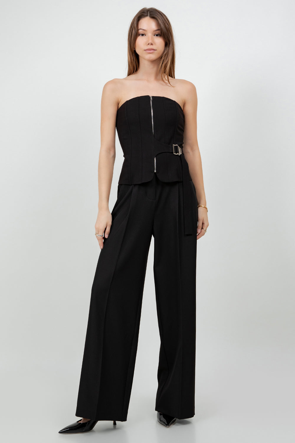 SIDE WAIST BELT STRUCTURED WOVEN TOP - BLACK