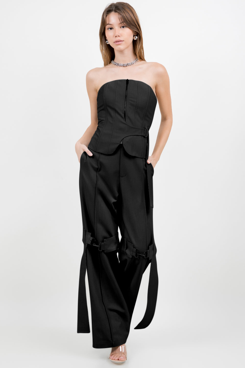SIDE WAIST BELT STRUCTURED WOVEN TOP - BLACK
