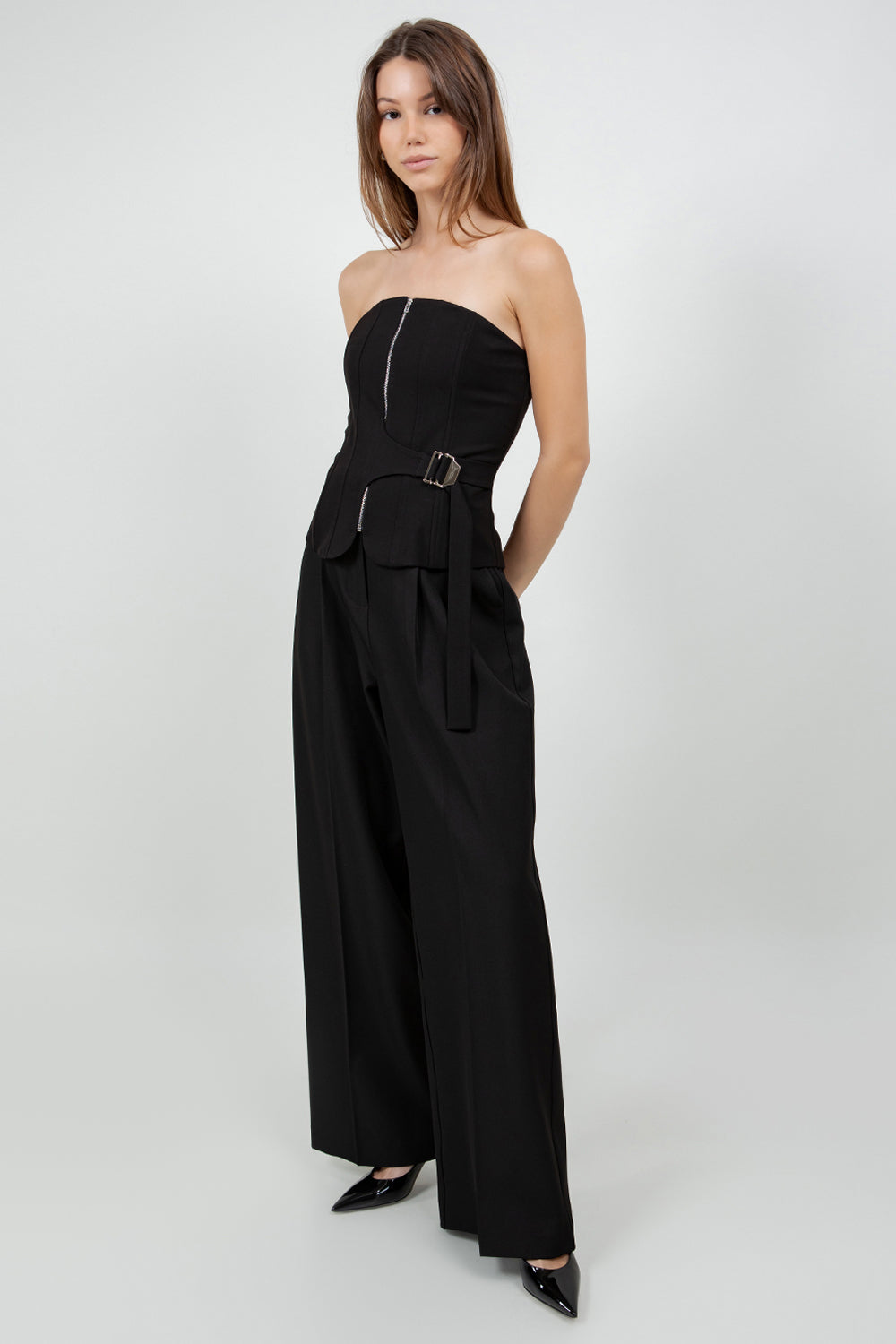 SIDE WAIST BELT STRUCTURED WOVEN TOP - BLACK
