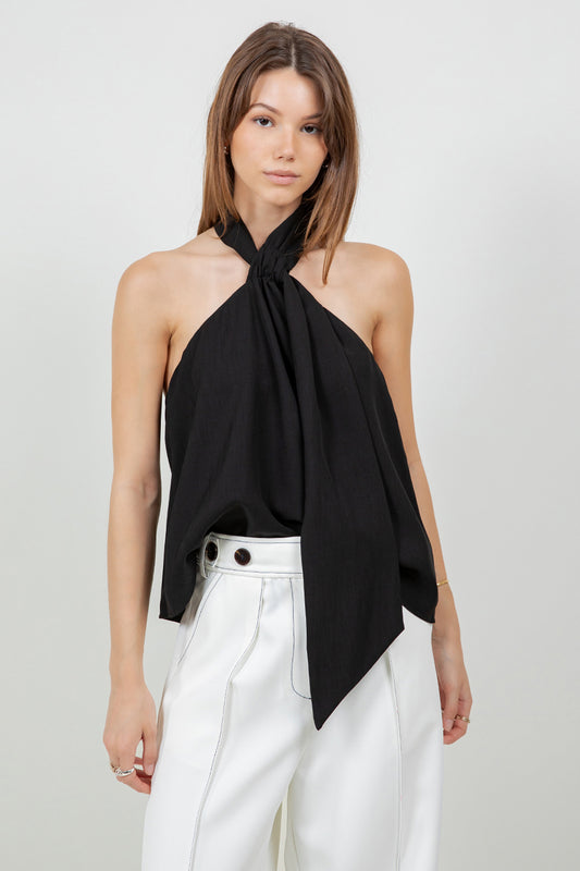 ADJUSTABLE HALTER SCARF NECK BLOUSE - BLACK