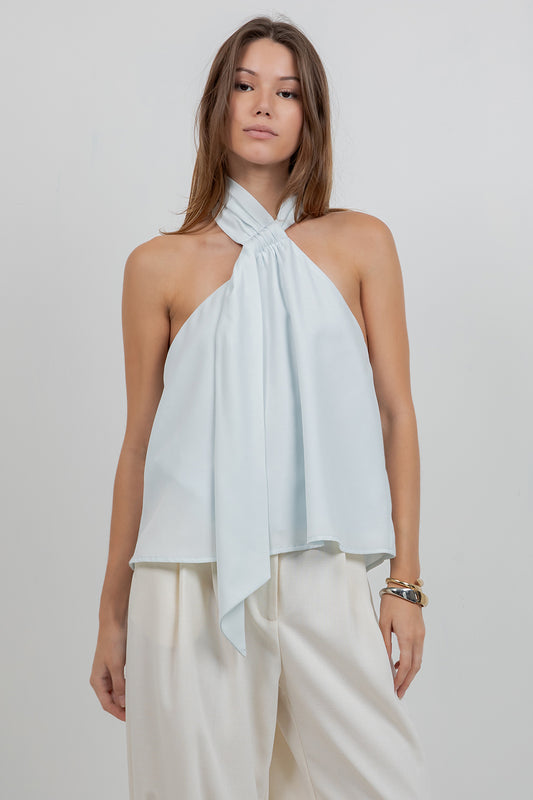ADJUSTABLE HALTER SCARF NECK BLOUSE - ICE BLUE
