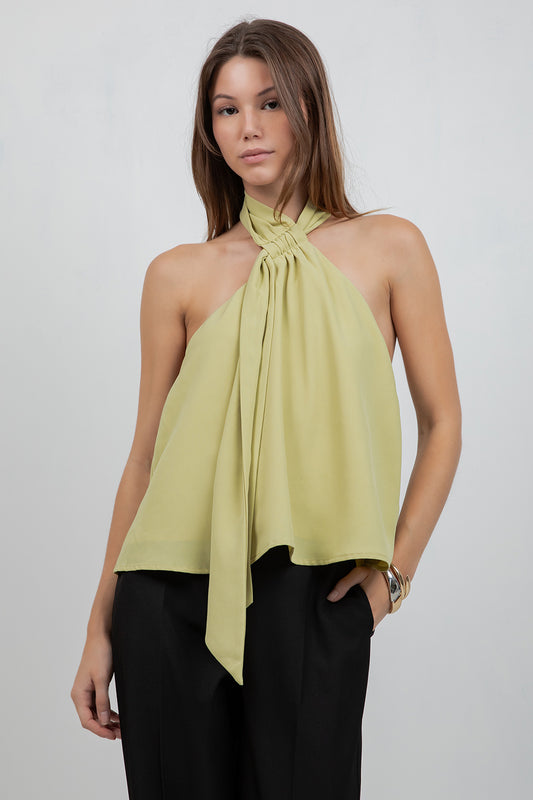 ADJUSTABLE HALTER SCARF NECK BLOUSE - LEMONGRASS