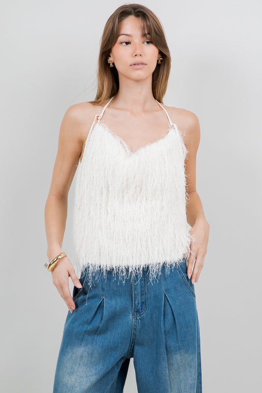 FUZZY FRINGE HALTER TANK TOP - IVORY