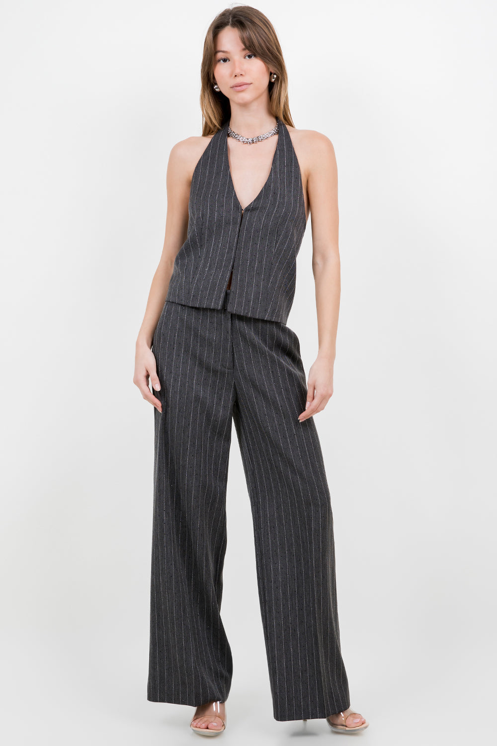 RHINESTONE EMBOSSED PINSTRIPE HALTER TOP - CHARCOAL