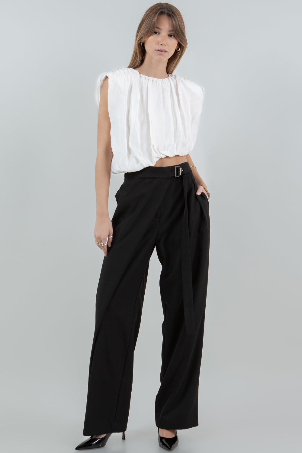 PLEATED WRAP OVER ADJUSTABLE BELT TROUSERS - BLACK