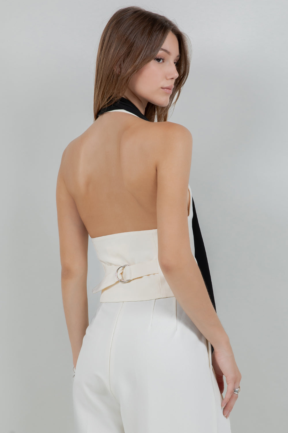 LACE + CONTRAST SATIN TANK TOP WITH TIE BACK - EGGSHELL/BLACK - Whiteroom+Cactus