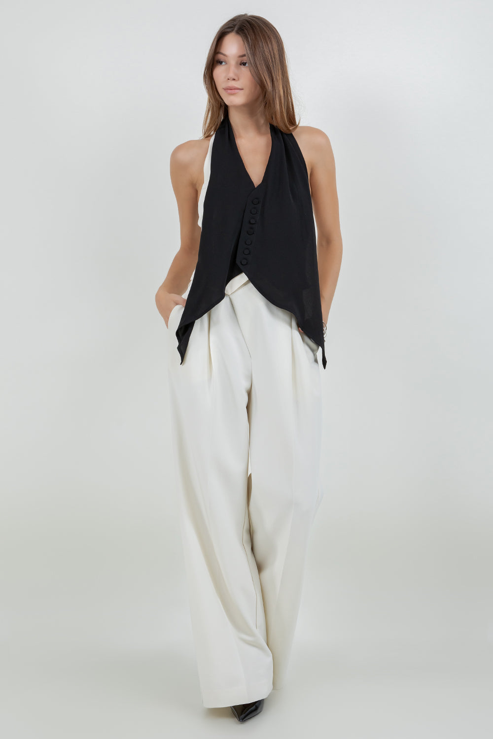 LACE + CONTRAST SATIN TANK TOP WITH TIE BACK - EGGSHELL/BLACK - Whiteroom+Cactus