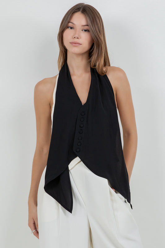 LACE + CONTRAST SATIN TANK TOP WITH TIE BACK - EGGSHELL/BLACK - Whiteroom+Cactus