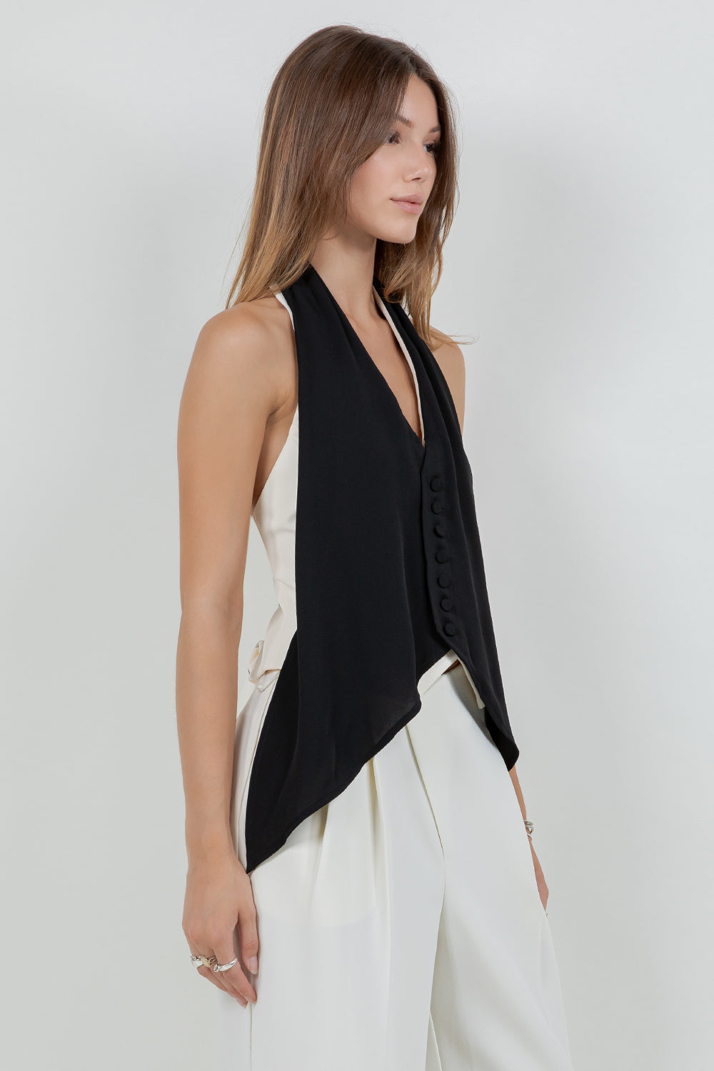 LACE + CONTRAST SATIN TANK TOP WITH TIE BACK - EGGSHELL/BLACK - Whiteroom+Cactus